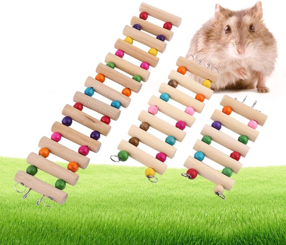 Pet Bridge Ladder Toy, S/M/L Wooden Bendable Rope Suspension Bridge with Rainbow Beads Climbing Swing Steps Teeth Chew Toys Cage Decoration for Mouse Rat Hamster Parrot(S) image number 4