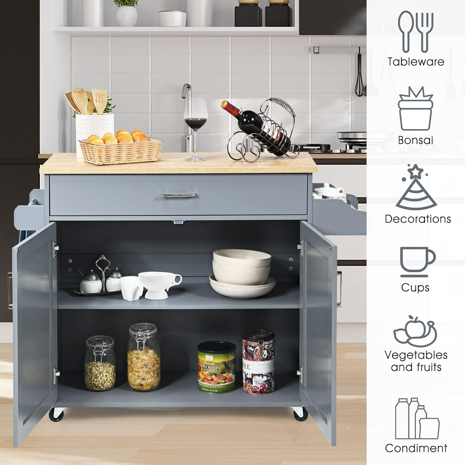 Costway Rolling Kitchen Island Cart with Storage, Serving Trolley Cart with Towel Rack, 3-Level Adjustable Shelf & Lockable Wheels, Mobile Island Table, Organizer Furniture (Grey) image number 1
