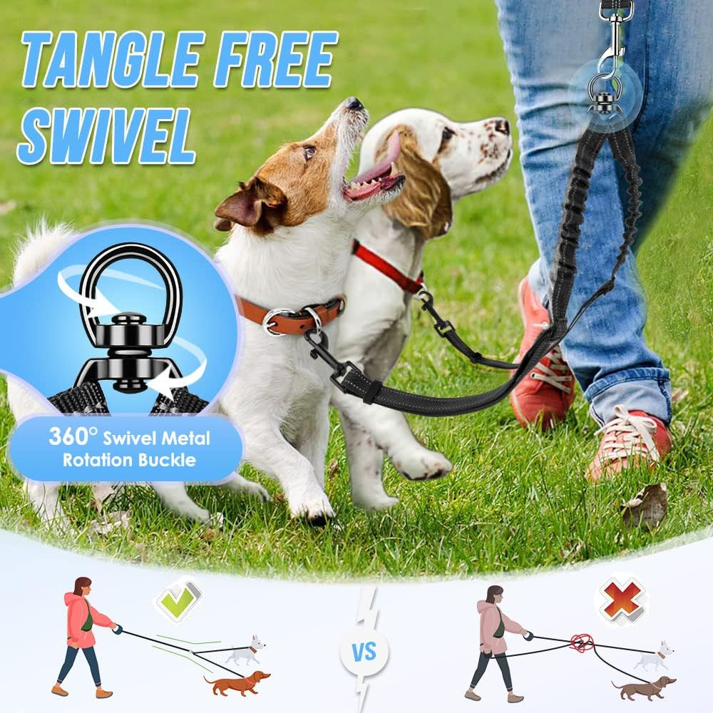 Slowton Double Dog Leash, No Tangle Double Leash for Dogs Walking Training 360&deg;Swivel Rotation Reflective Adjustable Length Dual Two Dog Lead Splitter image number 5