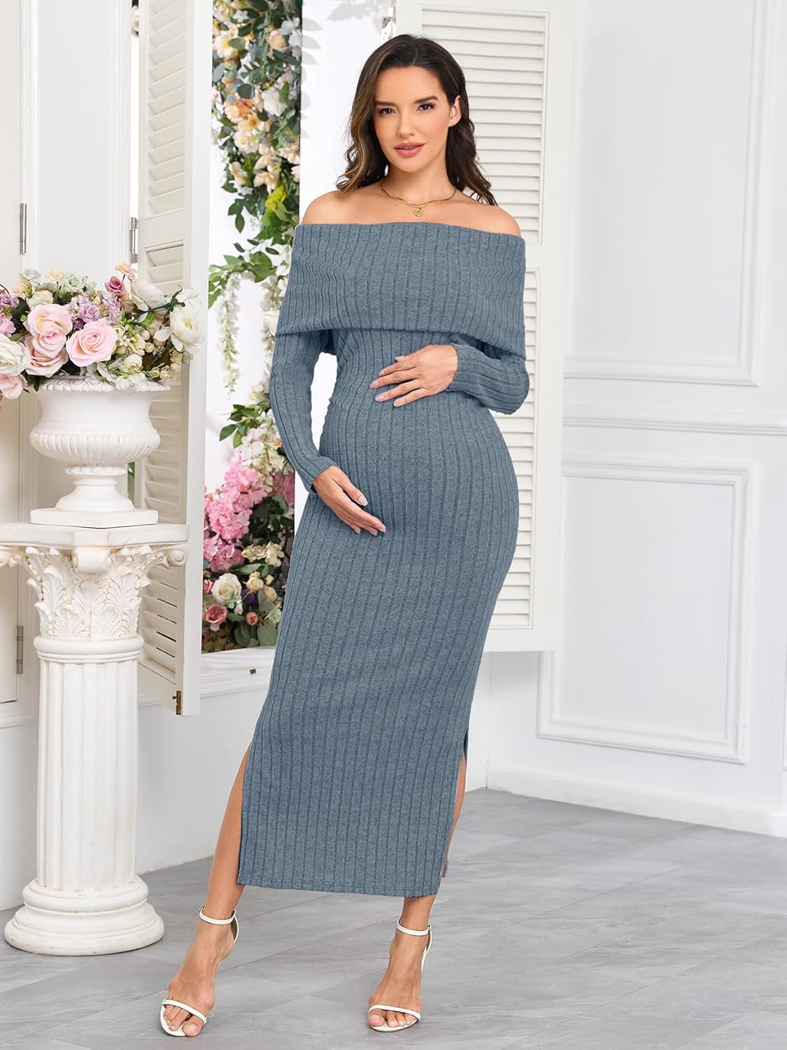 CYCLAMEN Off-Shoulder Maternity Sweater Dress Rib Knit Long Sleeve Dresses with Side Slit Pregnancy Clothes Baby Shower image number 2