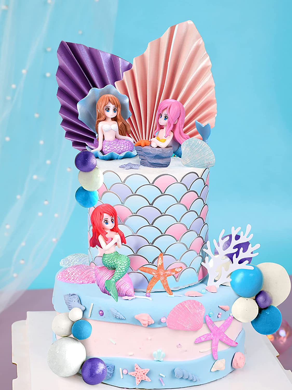 Jevenis 30 PCS Mermaid Cake Decoration under the Sea Cake Decoration Seashell Cake Topper Mermaid Tail Cake Topper Mermaid Party Supplies Sea Star Cake Toppers image number 5