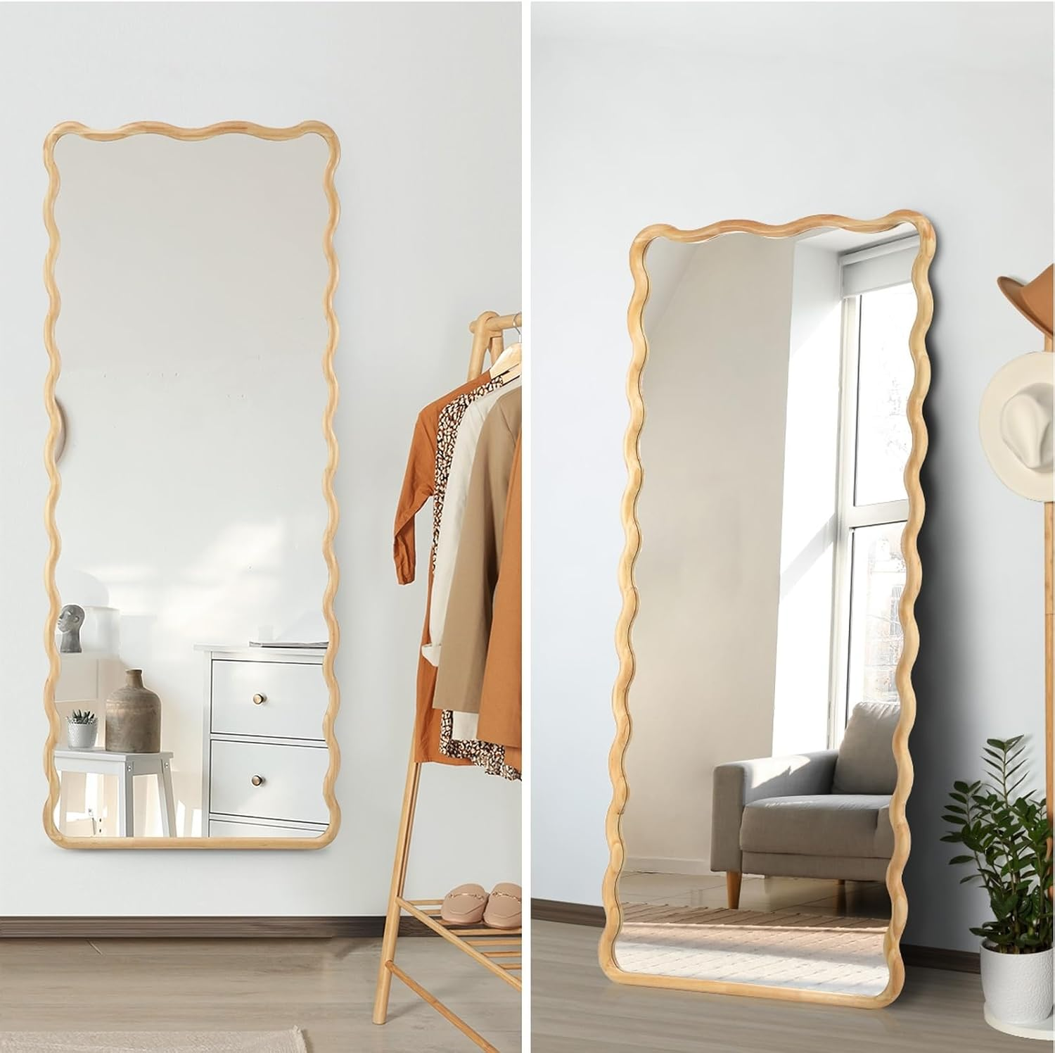 Oikiture Wavy Rectangular Full Length Mirror 165X60Cm Floor Mirror with Wooden Frame HD Reflections for Home Bedroom Living Room Dressing Room image number 3