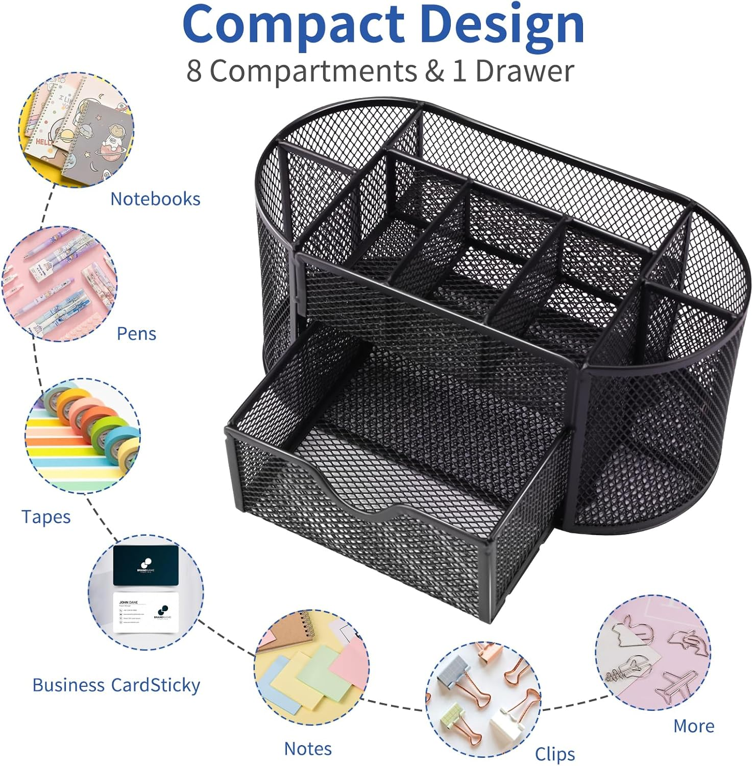 EOOUT Desk Organizer, Pencil Holder for Desk, Mesh Office Desk Accessories with 8 Compartments and 1 Drawer Stationery Holder School Supplies image number 3