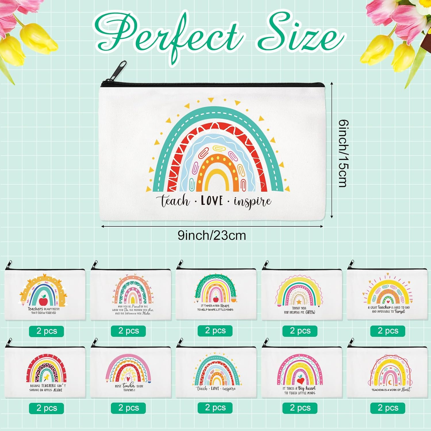 Saintrygo 20 Pieces Teacher Gifts Makeup Bags Bulk Canvas Survival Kit Cosmetic Bag Zippered Pencil Case Appreciation Gifts Travel Toiletry Pouch for Graduation Teachers Day, Multicolor, Rainbow image number 2