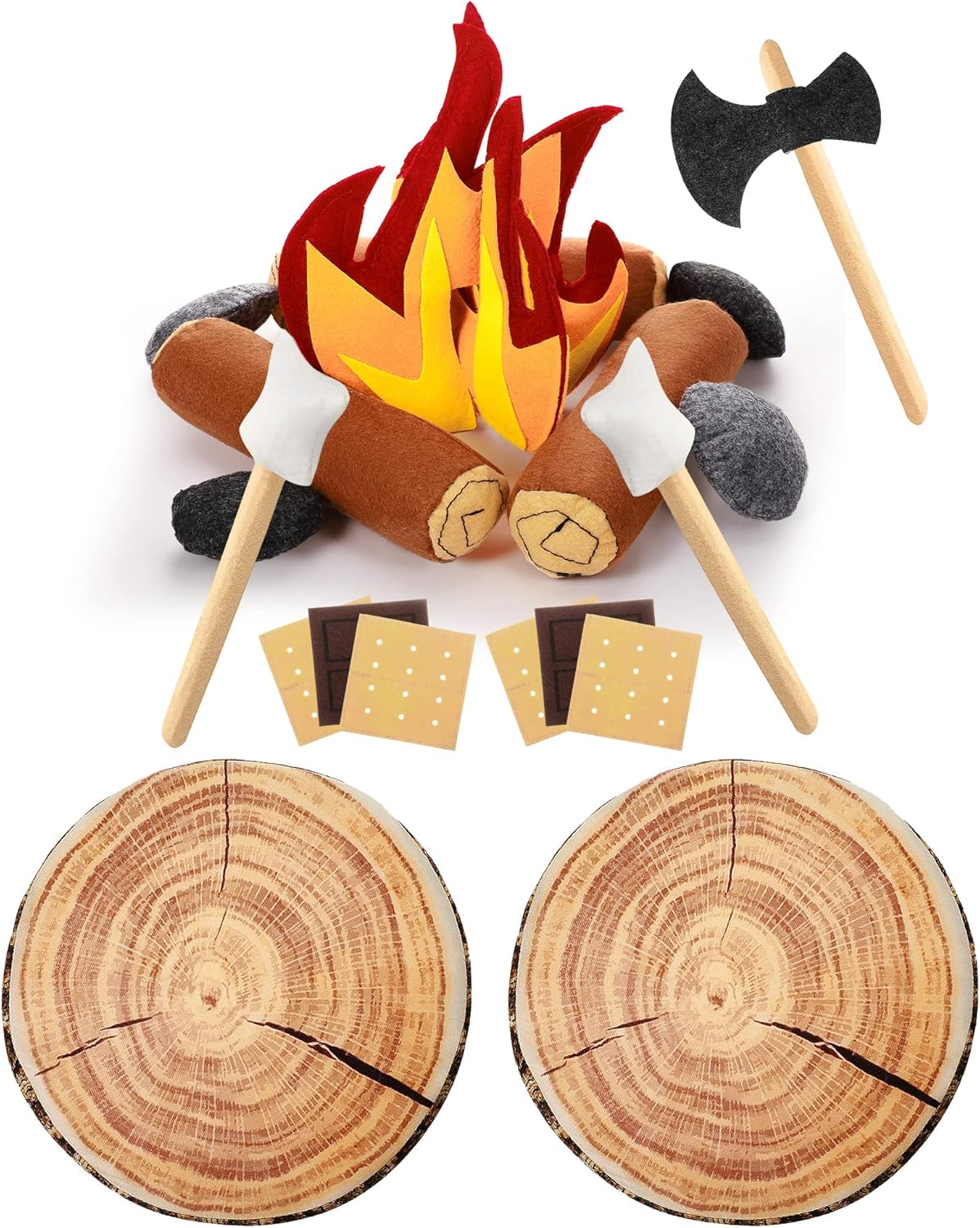 Civaner 17 Pcs Pretend Camping Play Set, 2 Decorative round Throw Pillow, Toys Safe Fake Campfire Plush Wood Design Floor Cushion for Adults Dramatic Outdoor Home Decorations image number 5