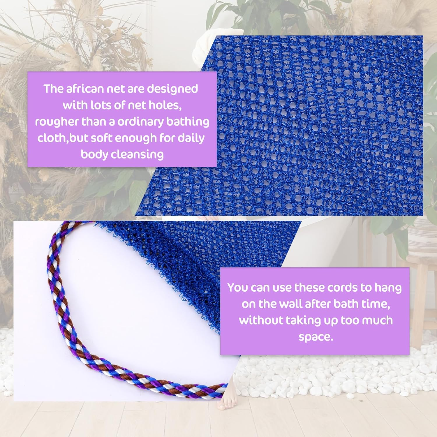 MBAIYO 3 Pieces African Net Sponge with Handles, Authentic African Exfoliating Net Sponge Back Scrubber for Shower, Body Wash Nets Sponges for Bath image number 5