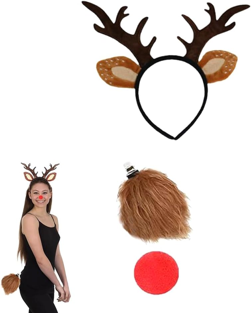 Christmas Reindeer Antlers Headbands with Red Nose and Tail Set Deer Antlers Headband Christmas Reindeer Ears Headband for Xmas Party Favors Cosplay Costume Supplies