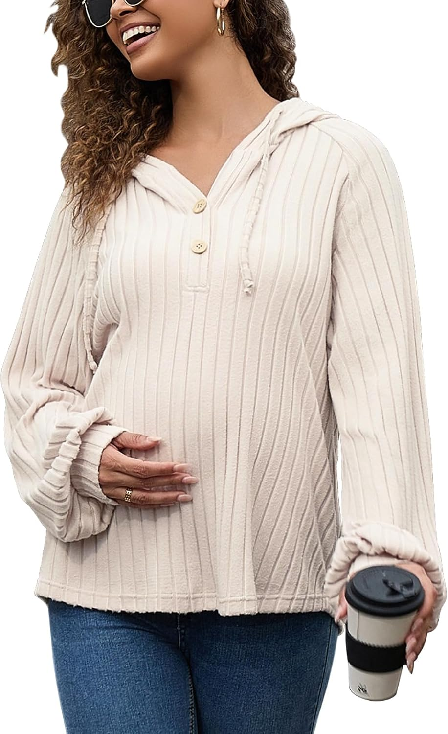 Maternity Oversized Sweatshirts for Women Long Sleeve Rib Knit Button Hoodies Loose Pullover Tops