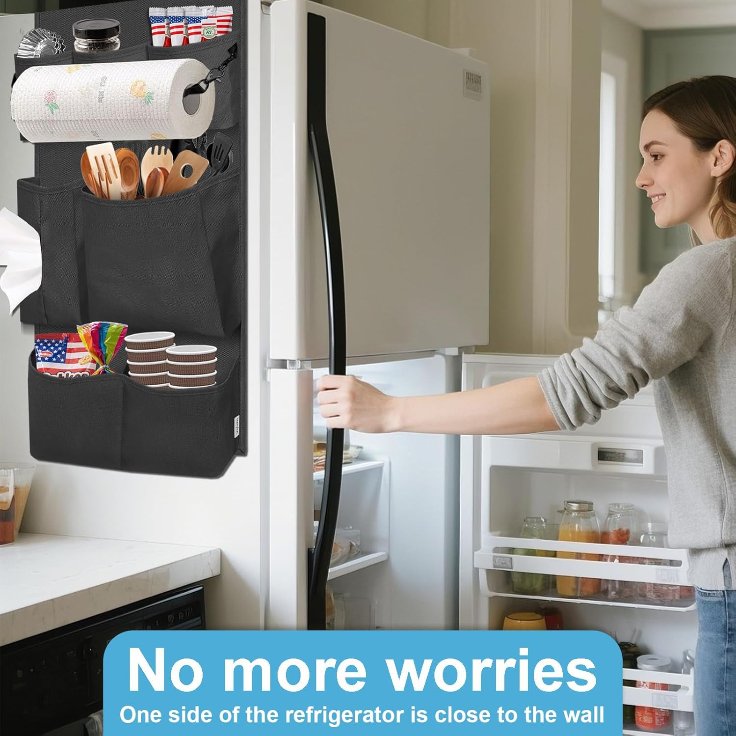 Mini Fridge Organizer, over the Fridge Storage Organizer with 14 Pockets, College Dorm Fridge Storage for Office, Kitchen, Home, School, Black image number 6