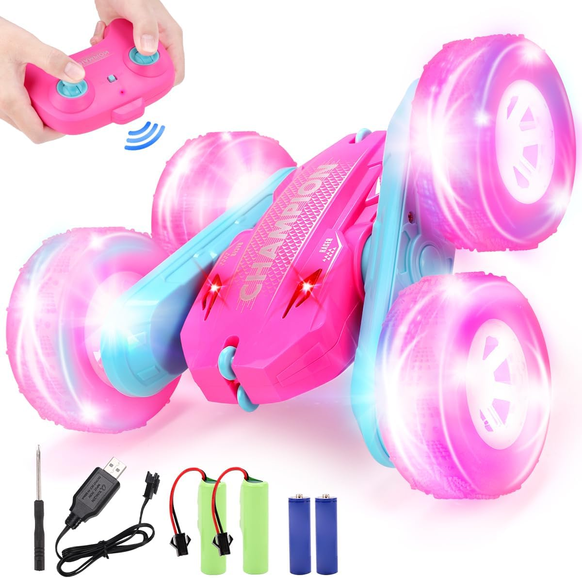 Kaekid Remote Control Car, Double Sided RC Stunt Car with LED Lights, Indoor/Outdoor All Terrain Rechargeable 4WD off Road RC Car, RC Race Toys for Kids Boys Girls 6-12 Year Old