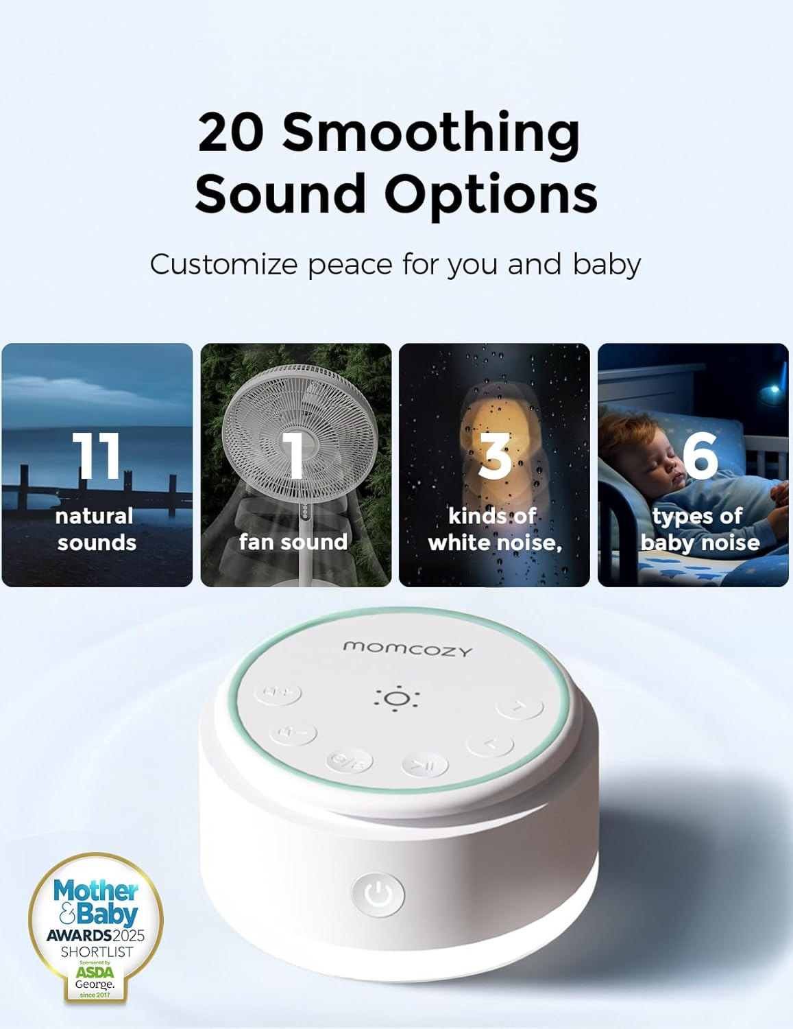 Momcozy White Sound Machine for Baby Kids - Portable Sound Machine with Night Light, 20 Soothing Sounds for Sleeping, Personalized Timer and Memory Function（Cold Light） image number 3
