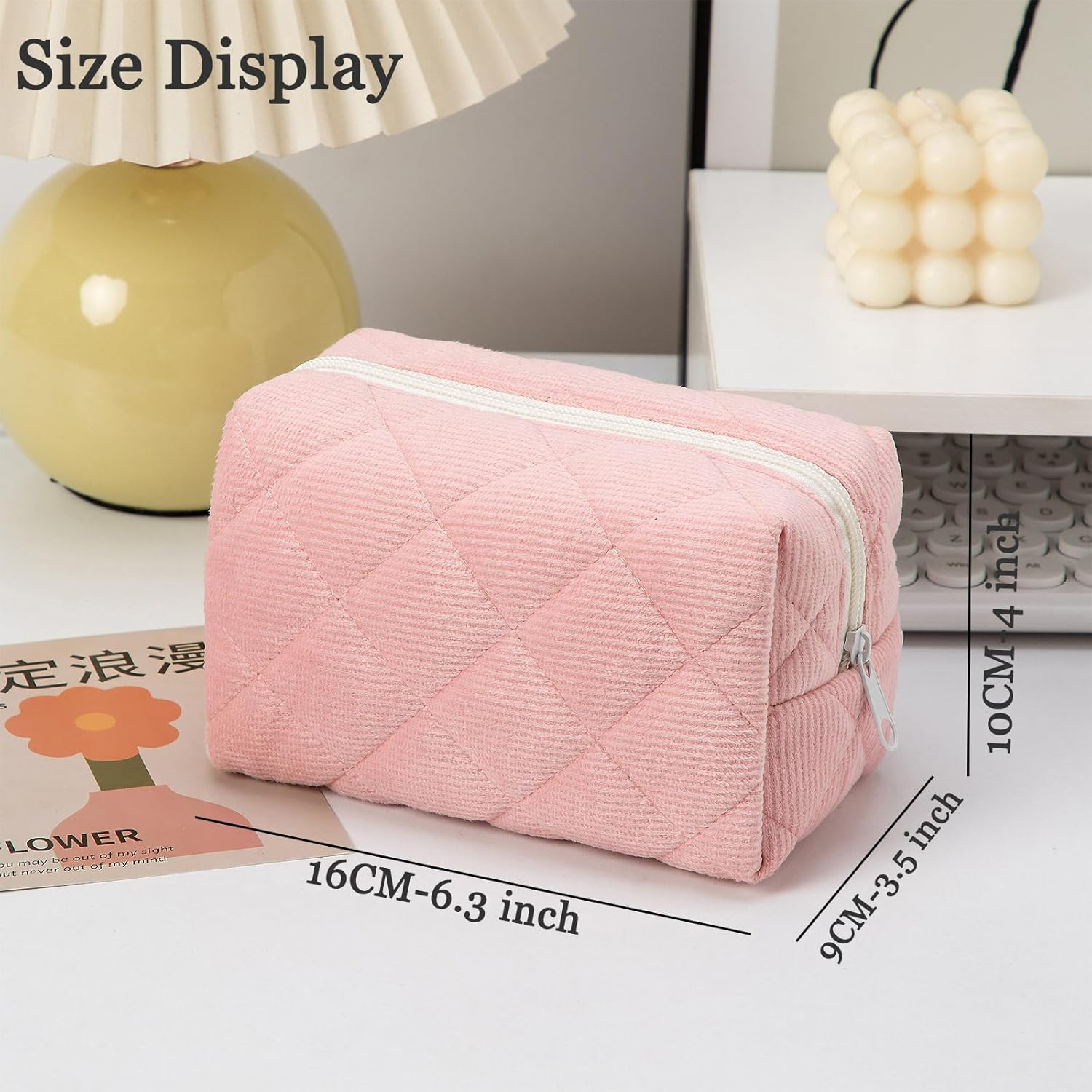 Small Makeup Bag for Purse Corduroy Makeup Bag Travel Makeup Pouch Mini Cosmetic Bag for Women Pink image number 5