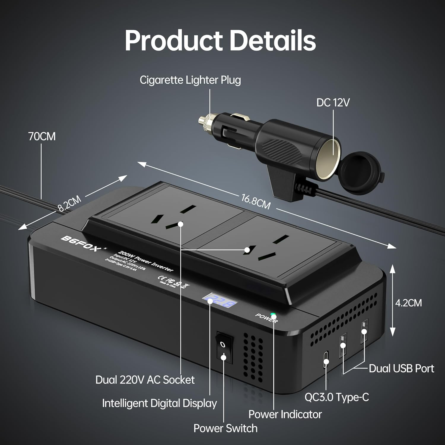 BGFOX 200W Car Power Inverter, 6-In-1 DC 12V to 240V / 230V AC Voltage Converter with 2 AC Outlets / 18W USB-C and 4.8A Dual USB Ports / 12V Car Cigarette Lighter Socket - Black