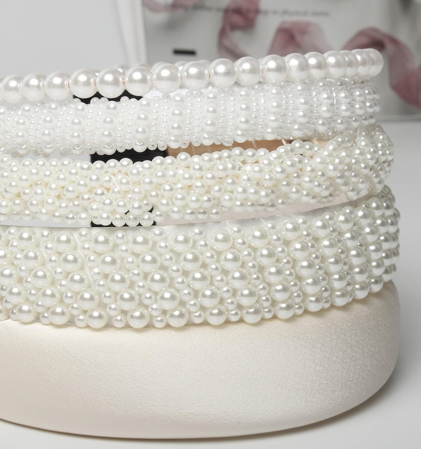 DIELOVEHUA Pack of 5 Pearl Headbands, White Pearl Headbands, Headband Beads Women, Pearl Bridal Hair Bands, Women'S Wide Thick Headband, Ladies Girls Wedding Hairstyles Accessories image number 3