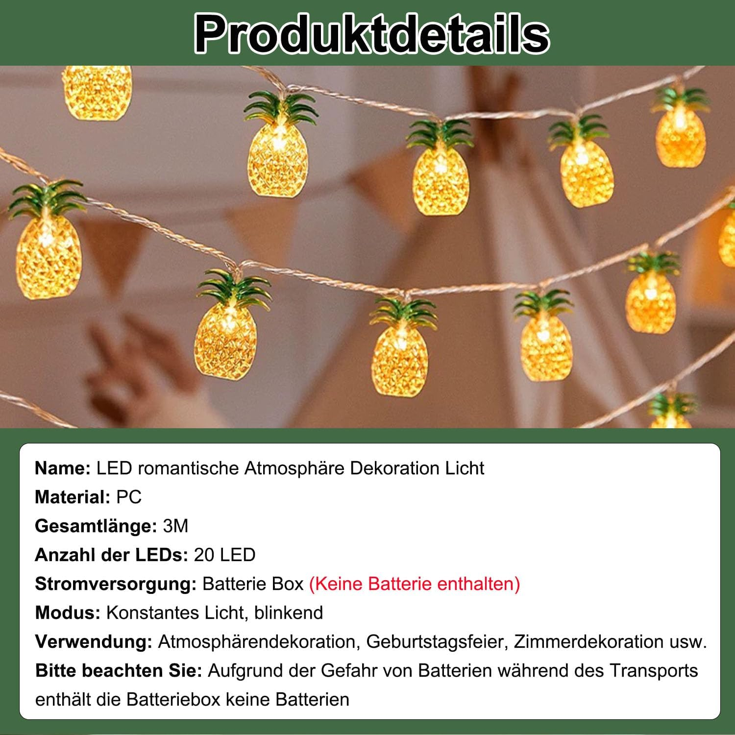 Foanlerck Battery Operated String Lights 3 Metres 20 Leds Pineapple Decoration for Indoor Outdoor Garden Party Summer Balcony Birthday Gift image number 4