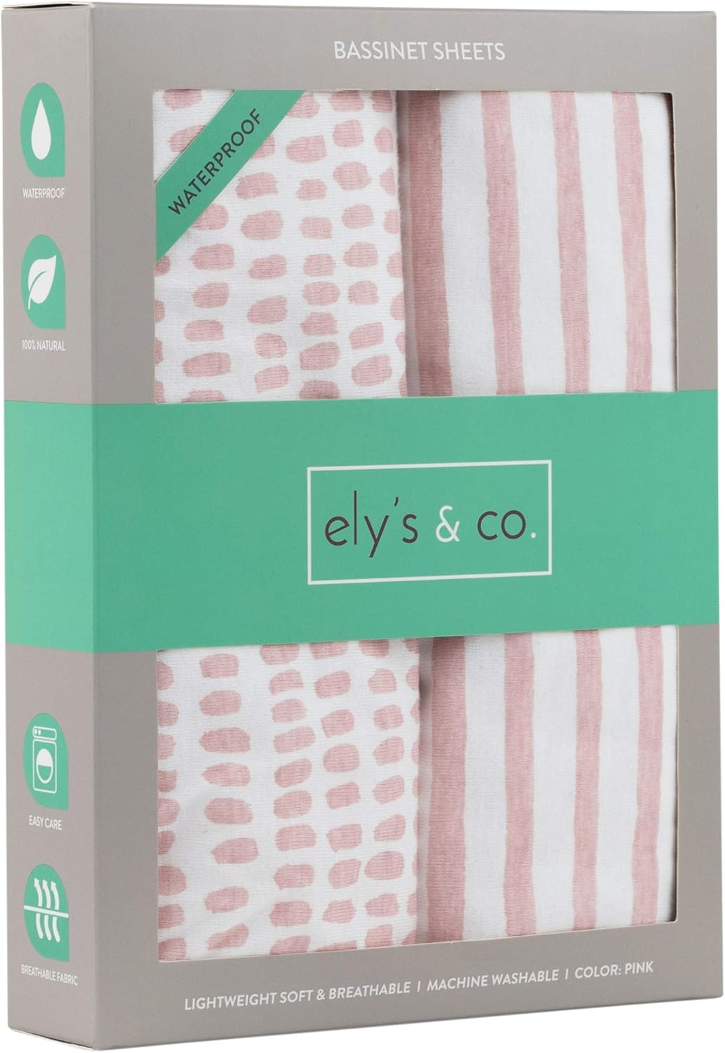Ely'S & Co. Waterproof Bassinet Sheet,No Need for Bassinet Mattress Pad Cover, 2 Pack Mauve Pink Splash & Stripes,For Baby Girl image number 5