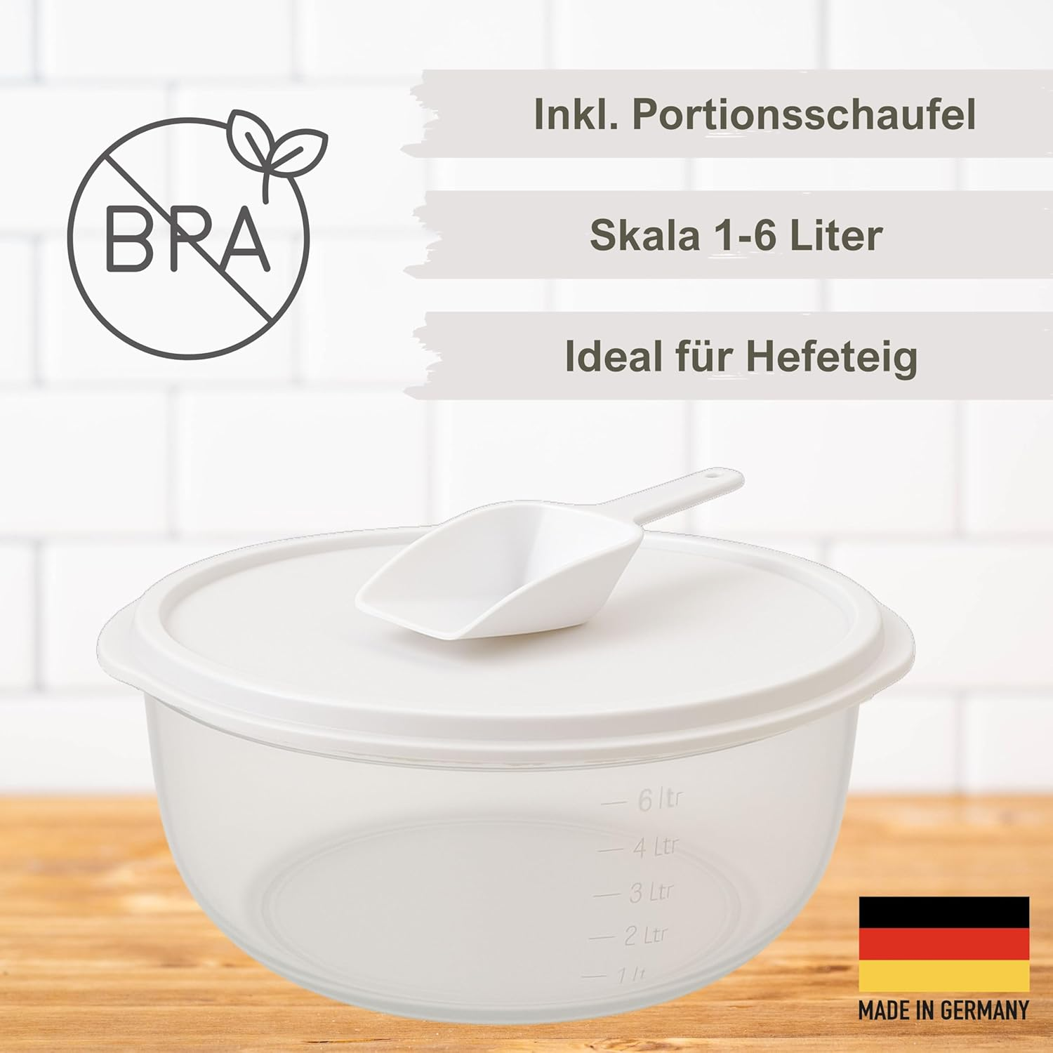 Large Yeast Dough Bowl 6 Litres with Pop Lid Mixing Bowl Food Storage Container Salad Bowl with Measuring Scale and Flour Scoop BPA Free image number 1