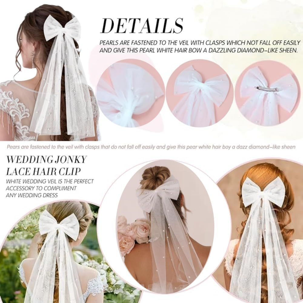 2Pcs Bridal Pearl Bow Veil, Large Hair Bow with Barrette Hair Clip,Wedding Short White Veil Barrette, Bride Accessories,Bridesmaid for Girls Women Wedding Party,Bachelorette Party,Decorations image number 1