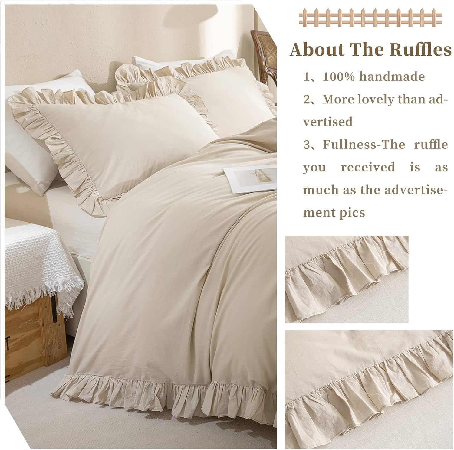 QSH 100% Cotton Queen Duvet Cover Set,Ruffle Duvet Cover Linen Feel Textured Farmhouse Shabby Vintage Chic Bedding Comforter Cover 3 Pieces Aesthetic French Country Queen Bed Set Soft Breathable image number 4