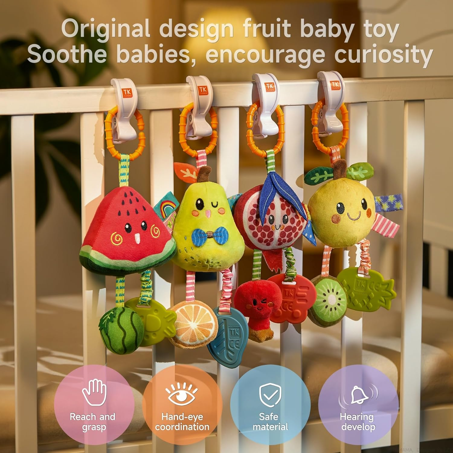 TUMAMA Baby Hanging Rattle Toys 4 Pack Fruit Soft Sensory Set for Car Seat Stroller Mobile 0 3 6 9 12+ Months image number 3