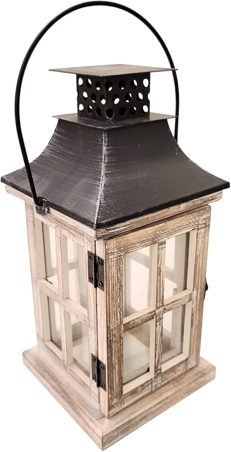 Auto-Plaza Vintage Wooden Decorative Lantern Candle Holder Rustic Farmhouse Wedding Centerpiece Lantern for Table Mantle Wall Hanging Display Party Home Decor Indoor Outdoor X'Mas (Style A)