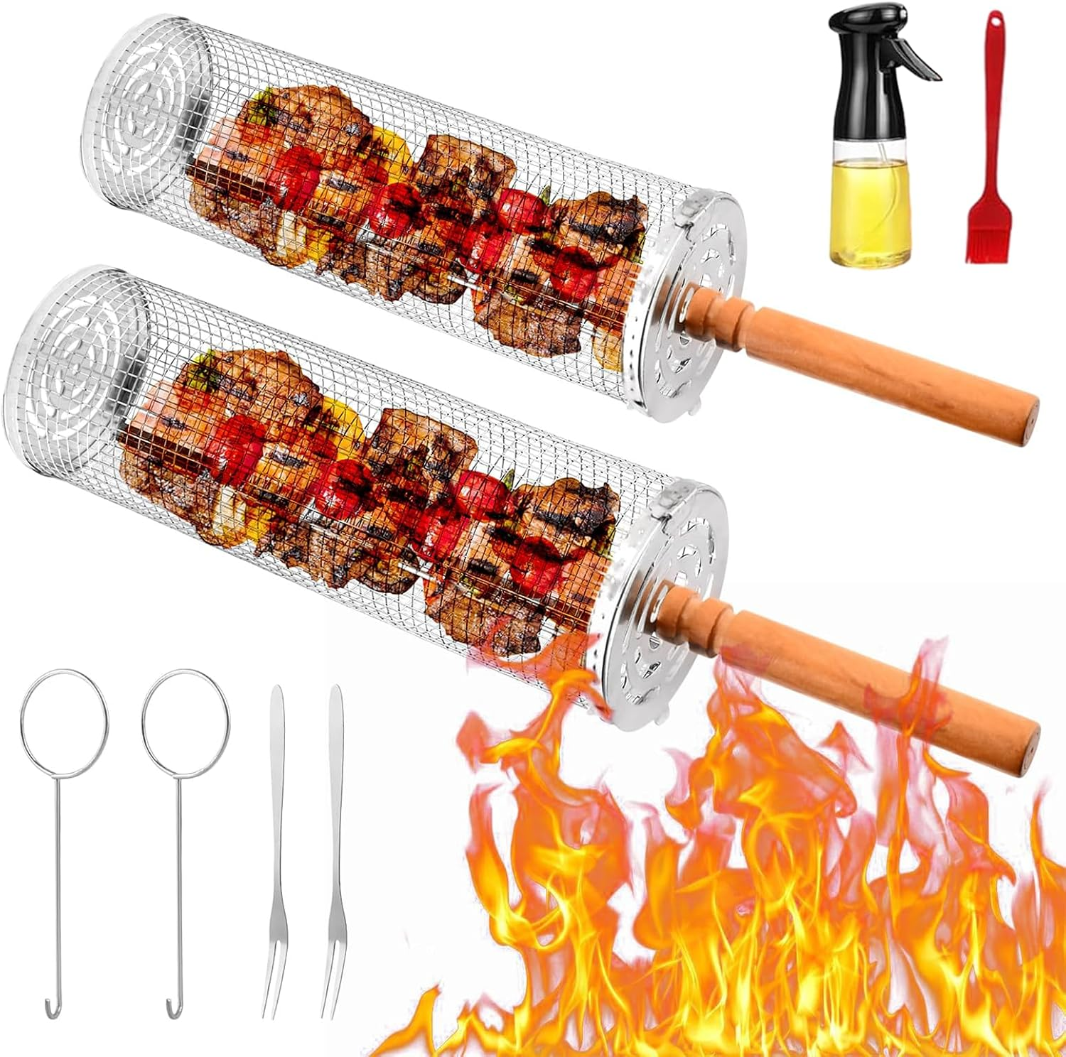 Grill Baskets for Outdoor Grill, Rolling Grill Basket with Removable Wooden Handle, Stainless Steel Grilling Accessories for Fish, Shrimp, Meat, Vegetables, Fries，Bbq image number 5