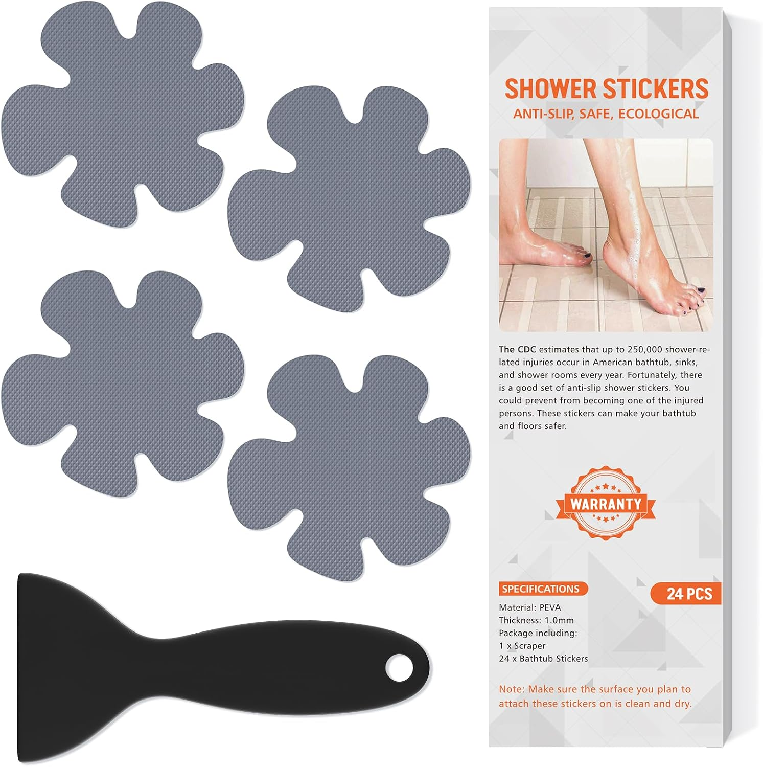Non Slip Bathtub Stickers, 24 PCS Shower Stickers for Safety Bathroom Tubs, Bathtub Non Slip Stickers and Adhesive Decals Scraper for Bath Tub, Shower Floor, Stairs, Ladders(Flower Shape, Clear)