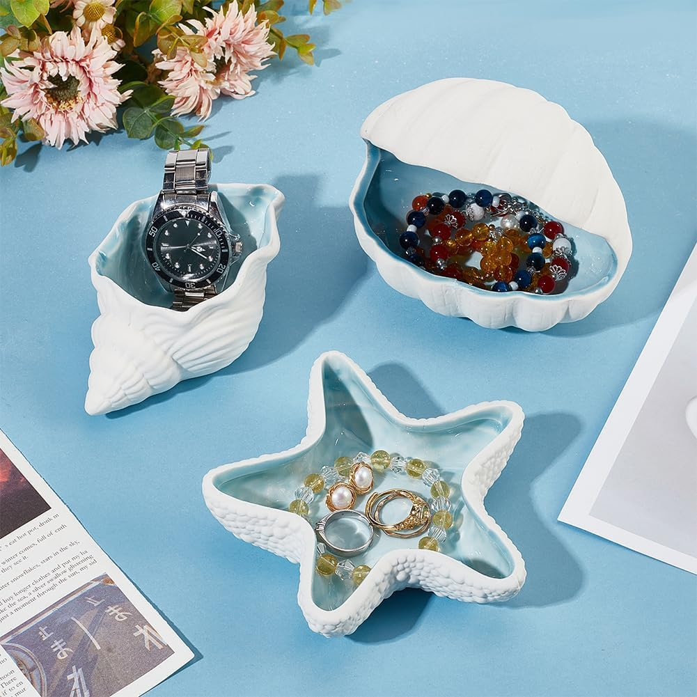 PAOFUFUI Conch Shape Ceramic Jewelry Tray, Aqua Shell Trinket Dish Ceramic Ring Earring Holder Ocean-Themed Decorative Trinket Plate for Rings Earrings Necklaces Bracelet Jewelry Watch Keys (Blue) image number 2