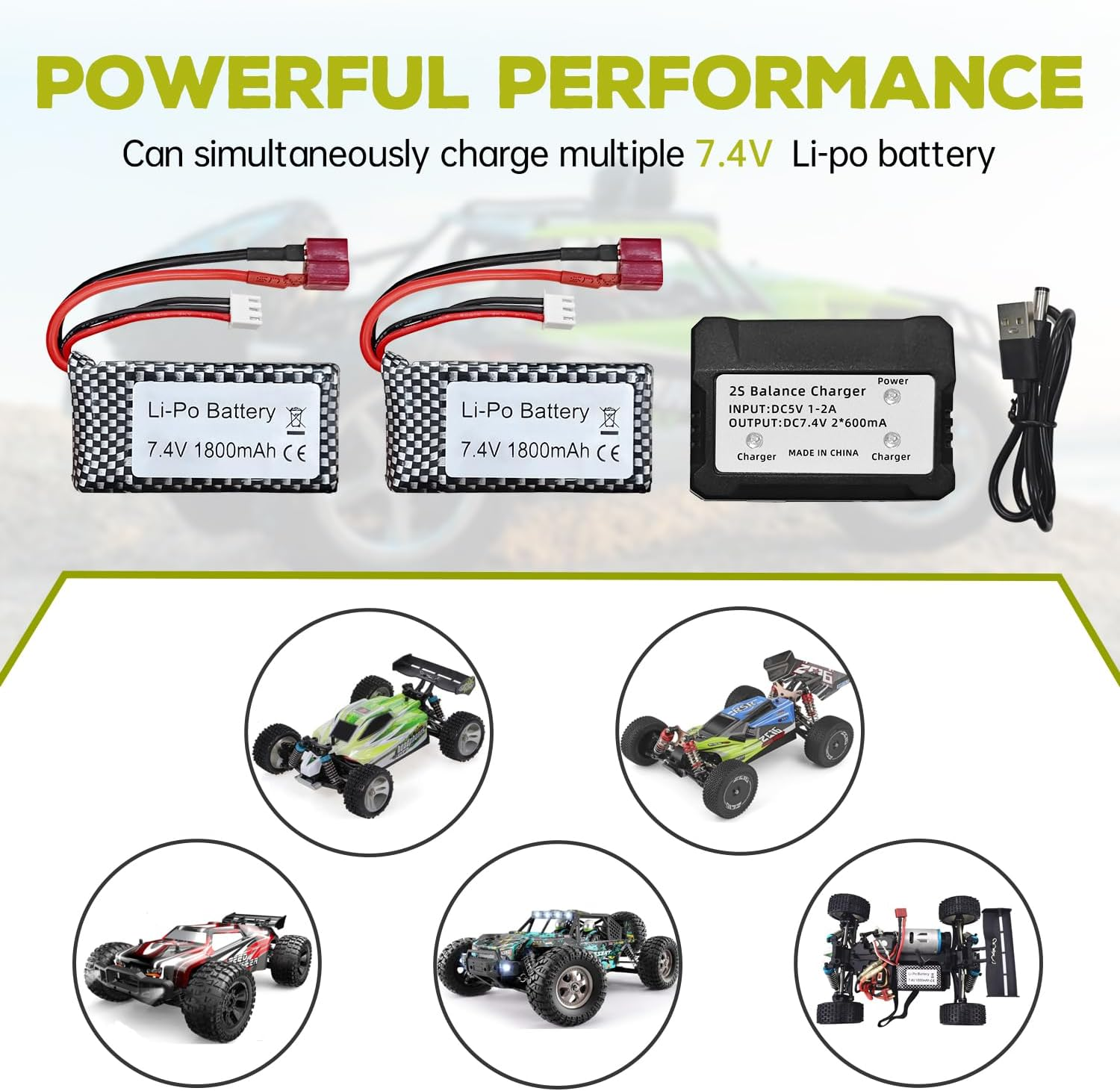 2PCS 7.4V 1800Mah Lithium Battery with 7.4V 2-In-1 Balance Charger for WLTOYS A959-B A969-B A979-B K929-B 144001 Spare Parts for High-Speed Vehicles, Remote Control Drones, Car Models, Ship Models, 25C High-Rate T-Head Lithium Batteries image number 5