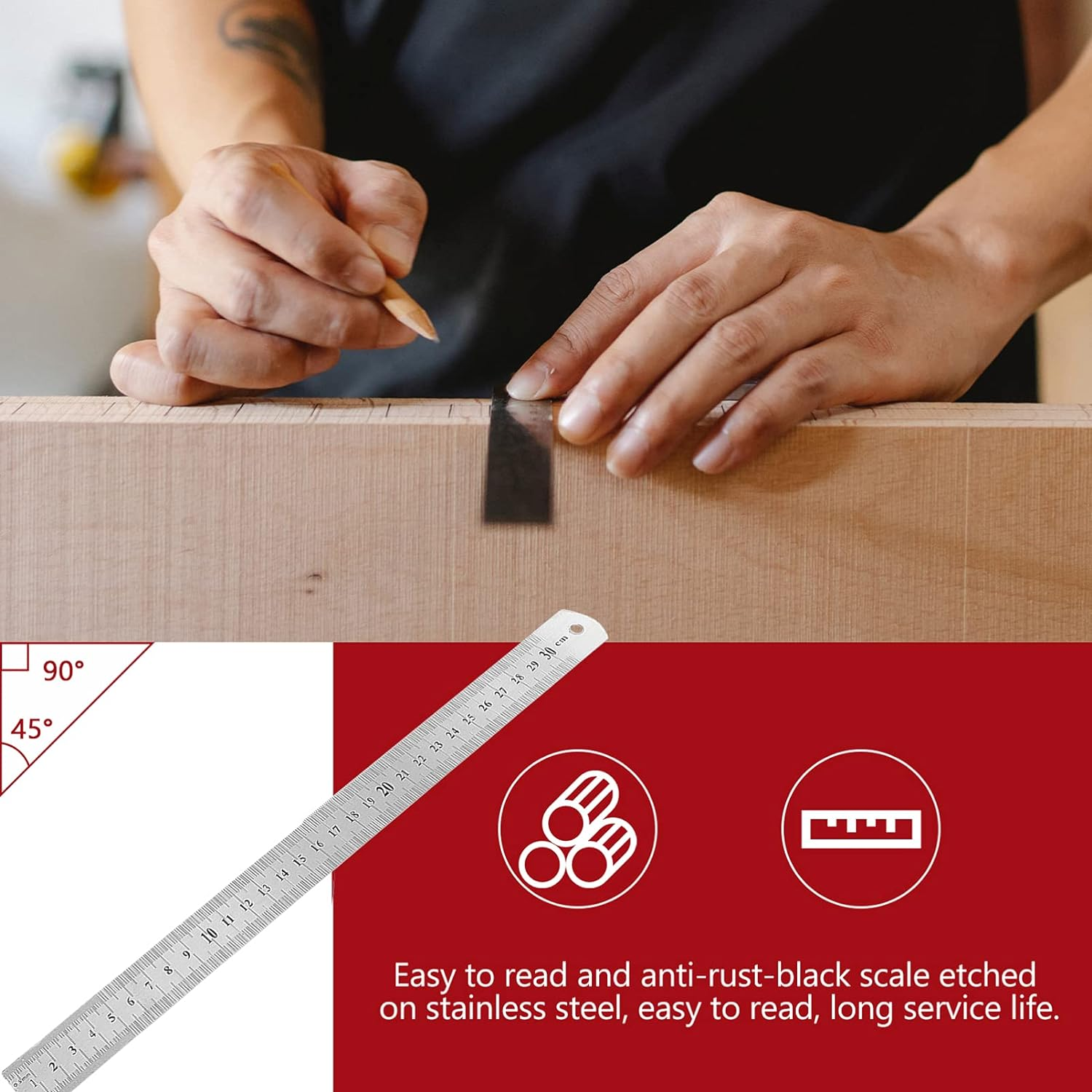 Alipis 3Pcs Stainless Steel Ruler Double-Sided Metal Measuring Scale Precision Office School Rulers Easy to Store image number 3