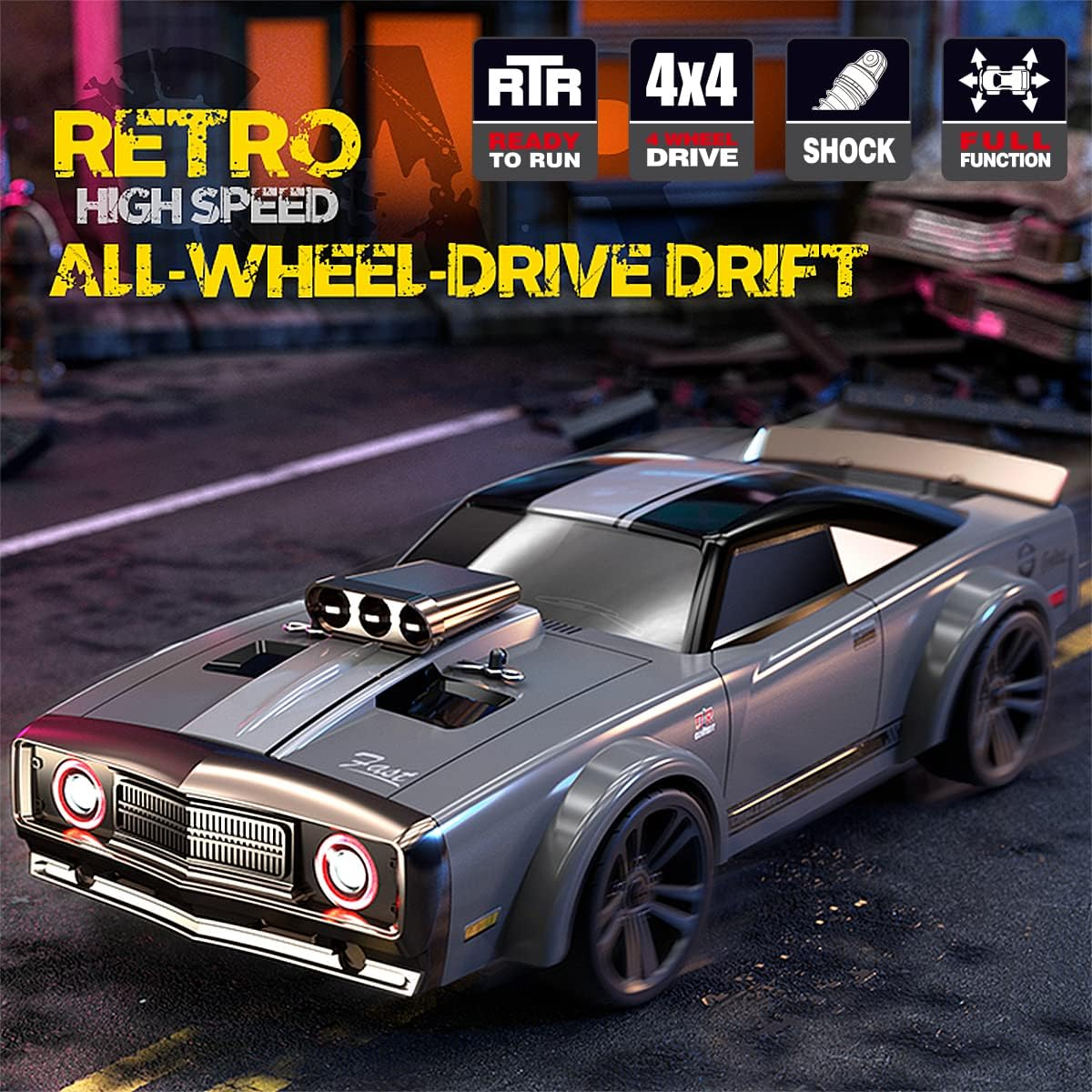 Mostop Remote Control Car 1/16 Scale RTR Muscle Car 35Km/H High Speed RC Drift Car for Kids Adults, 4X4 All Road Drifting Truck Speed & Steering Control Drift Racing Car with 7 Modes Angle Eyes Lights image number 5