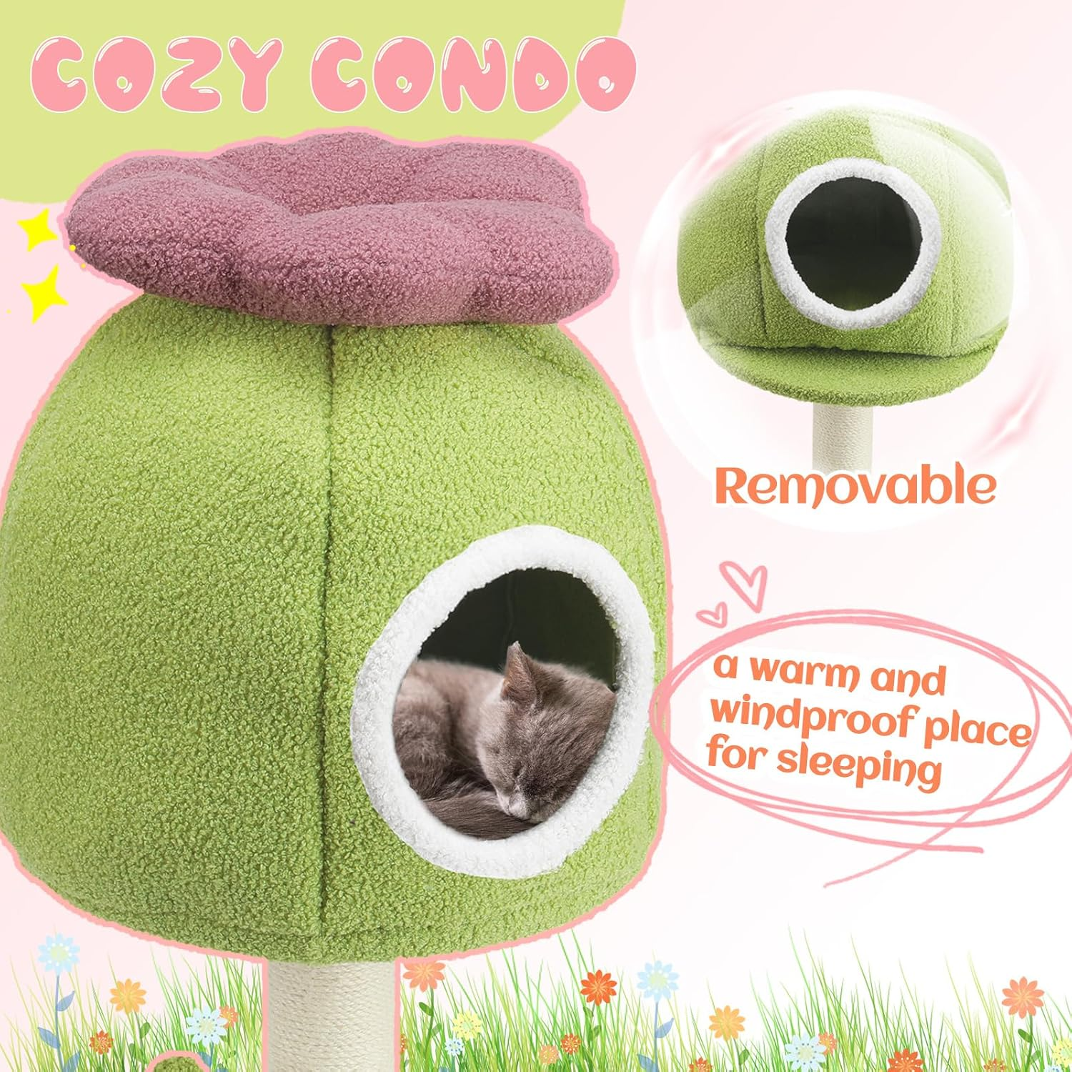 EMUST Flower Cat Tree with Bed, 28.74Inch Cat Tower with Scratching Post & Cozy Condo, Christmas Cute Sisal Cat Scratcher with Plush Hang Spring Ball Toys, Removable Cat Bed for Indoor Adults Cats image number 4