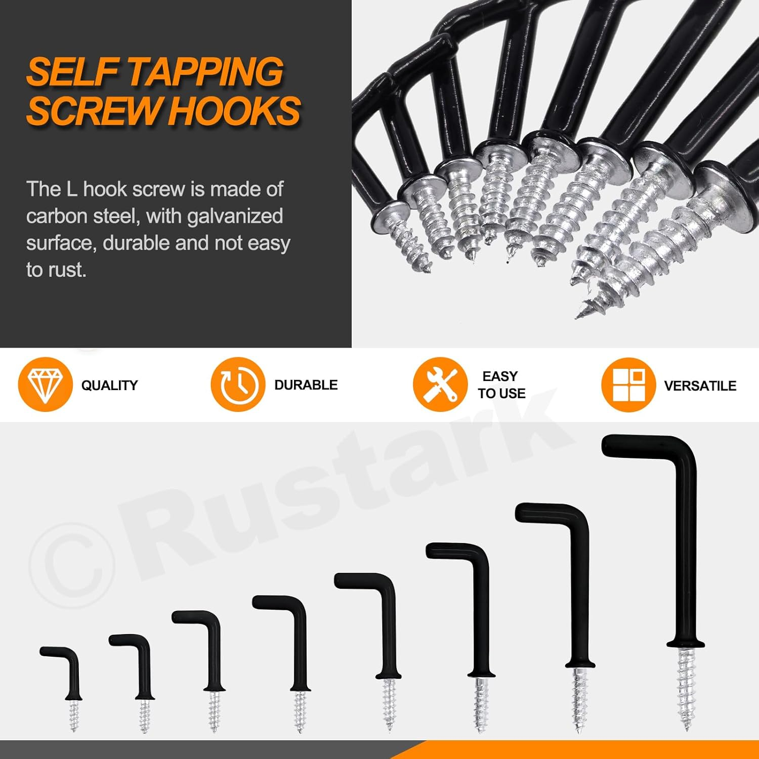 Rustark 130Pcs 8 Sizes Black L Shape Hooks Assortment Kit Vinyl Coated 7 Shape Screw Hooks Cup Right Angle L Type Self Tapping Screw Hooks for Home Office Workplace Hanging - Black image number 2