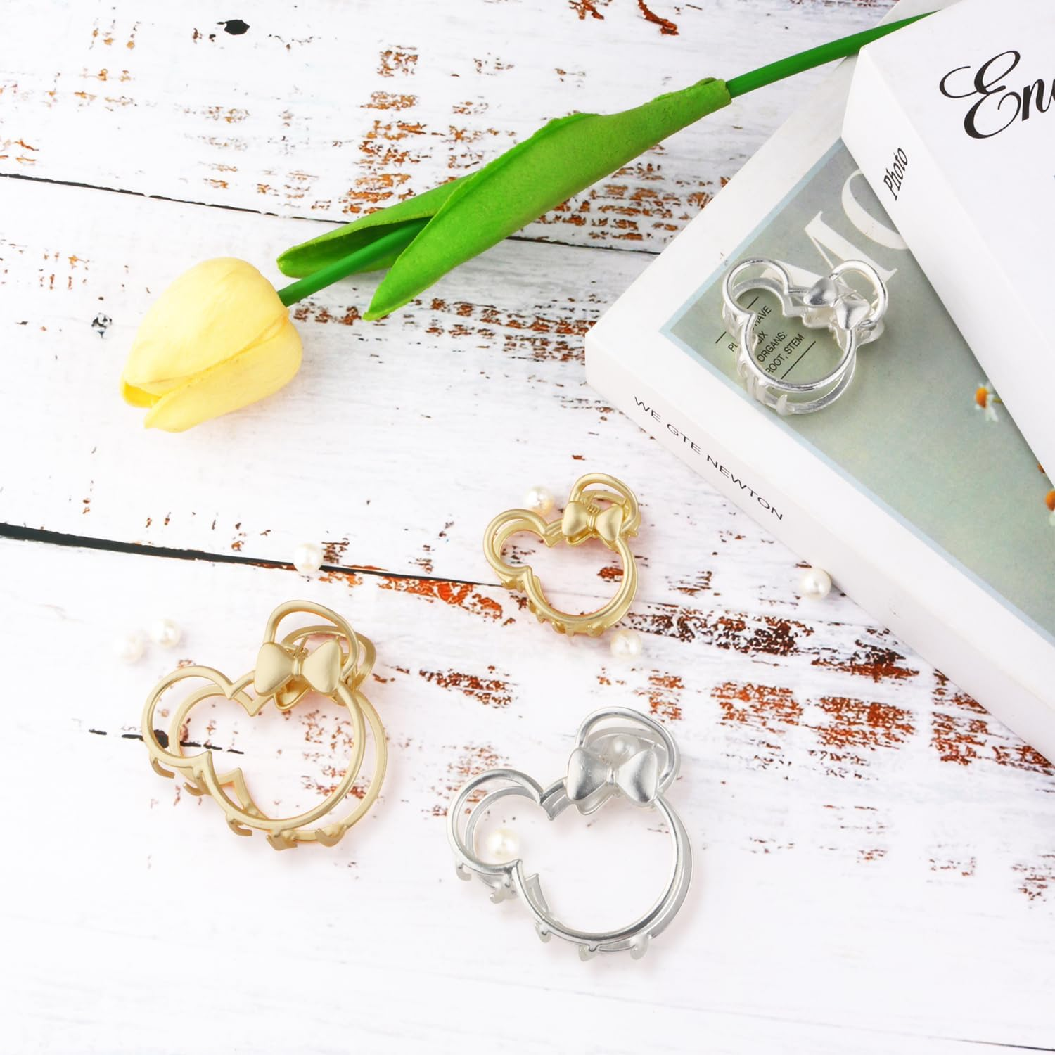 4 Pack Metal Hair Claw Clips Mouse Head Hair Clips Ears Hollow Out Hair Barrette Non-Slip Hair Catch Jaw Clamp Hair Styling Accessories for Women Girls (Large + Small)