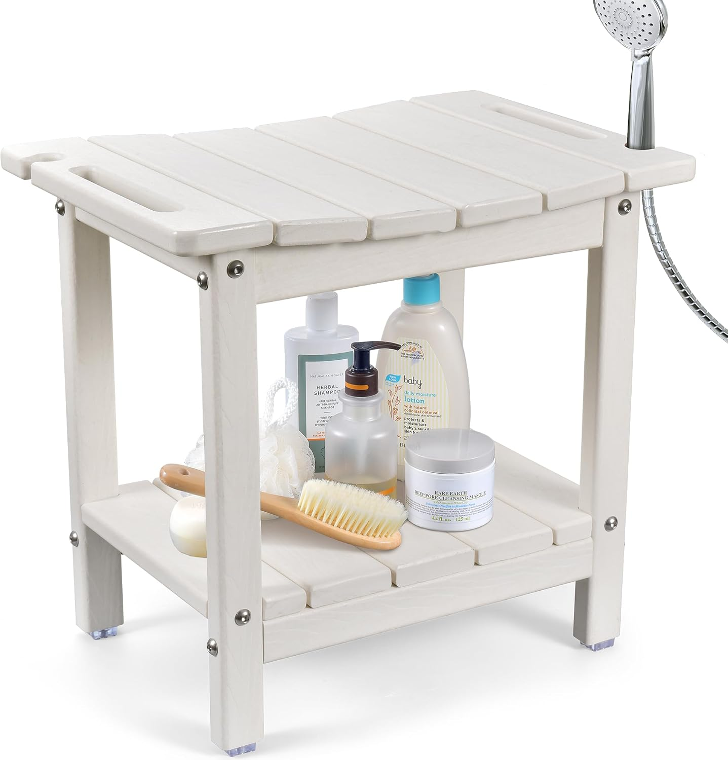 Lyrifine Shower Stool, 18.5 Inch HDPE Waterproof Shower Chair, Bathroom Shower Seat with Shower Head Holder, 350LBS Sturdy Shower Stool for Elderly Seniors Shaving Legs, White