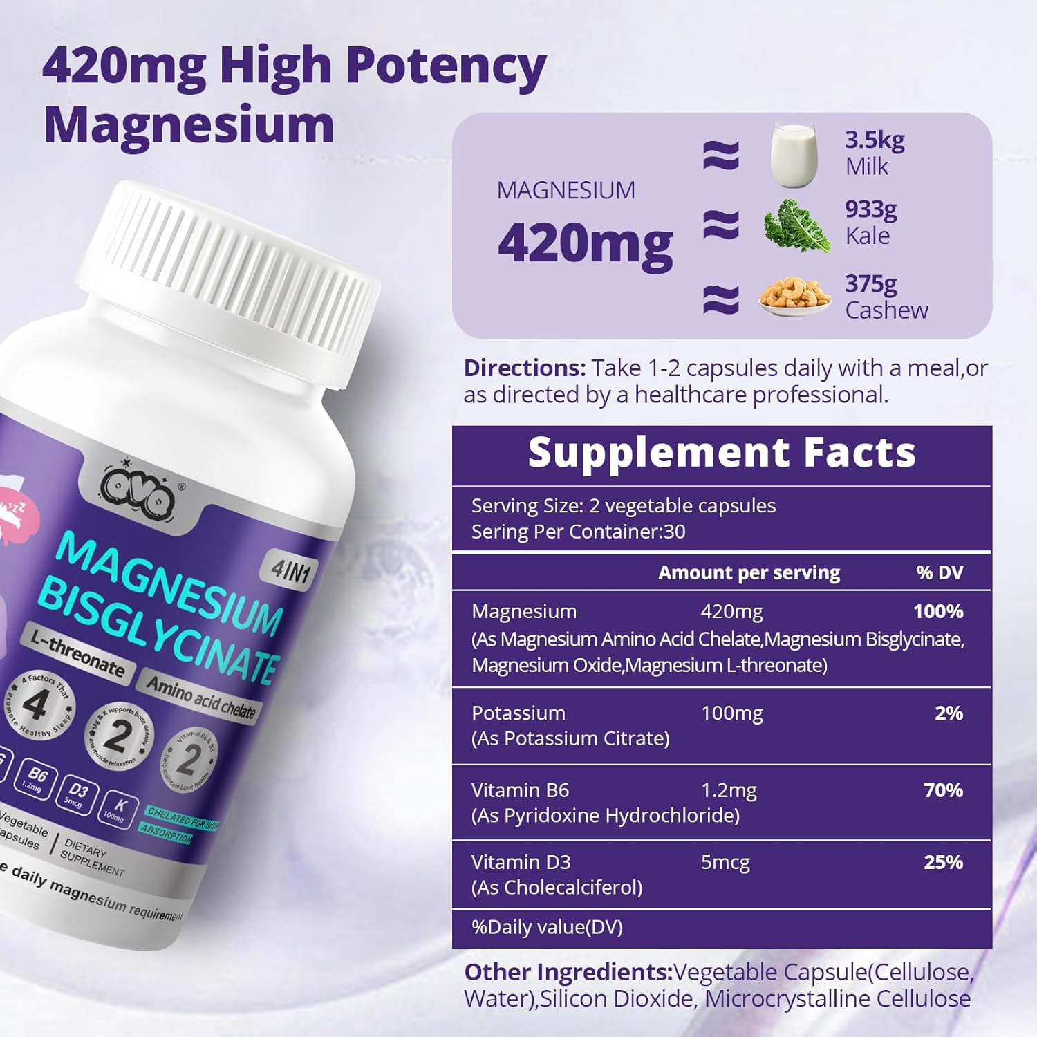 Magnesium Complex Capsules with Vitamin B6 D3 Aand Potassium Citrate, L-Threonate Amino Acid Bisglycinate Chelated 420Mg Magnesium Supplement(60) image number 4