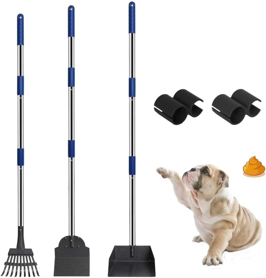 Dog Pooper Scooper Tray Shovel & Rake Kit,Pet Waste Removal Scoop with Long Adjustable Sectional Stainless Handles,Portable Large Dog Poop Picker Upper, Walks, Grass & Garden Leaves image number 1