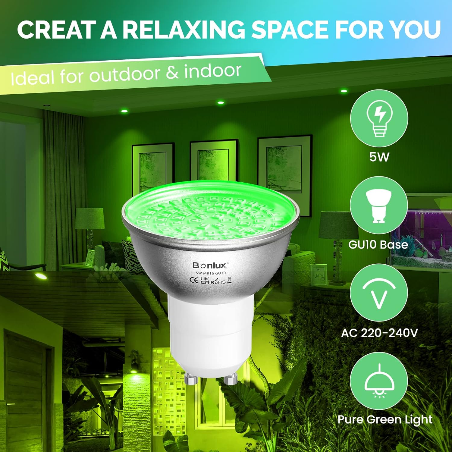 Bonlux GU10 LED Bulb Spotlight Green, 5W GU10 Spot Light Bulb,120 Degree Beam Angle, MR16 LED Spotlight Green Colour Bulb for Wall Washer Lamps,Landscape Lighting, 4-Pack image number 2
