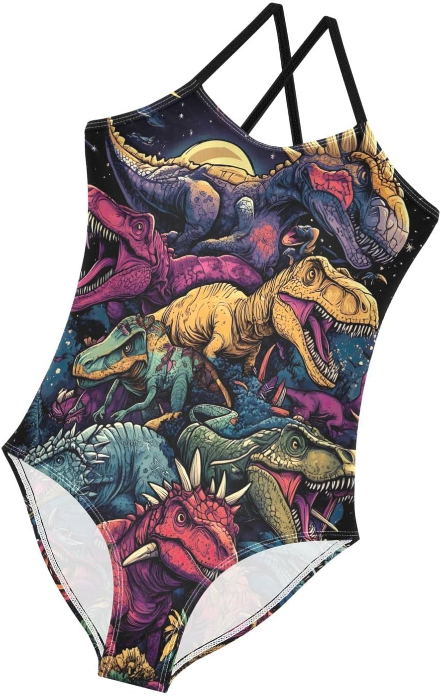 RPLIFE Dinosaurs Design Girls Swim Suit with Adjustable Shoulder Strap, Beach Swim Suits Kids, 3-10 image number 3