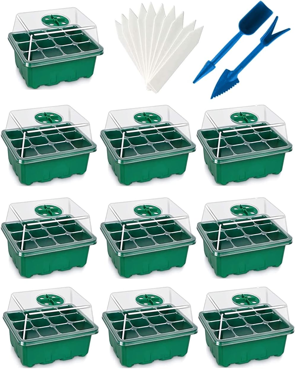 120 Cells Seedling Starter Tray Kit, 10 Pack Seed Starting with Humidity Dome and Base Vented Trays for Greenhouse Gardens, Adjustable Plant Starter Kit, Mini Propagator for Germination (Black)
