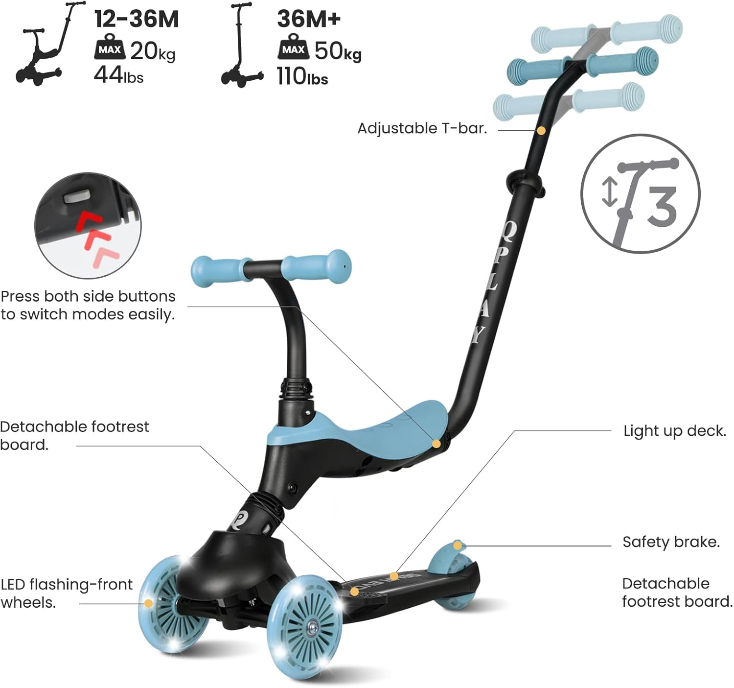 Kids Kick Scooter Ages 1 to 6 | up to 110 Lbs | 3 Wheel Scooter with Adjustable Push Handle Height,Lights on Deck & Wheels,Toddler Ages 2 to 5 Boys & Girls Gifts Ride-On Toys image number 6