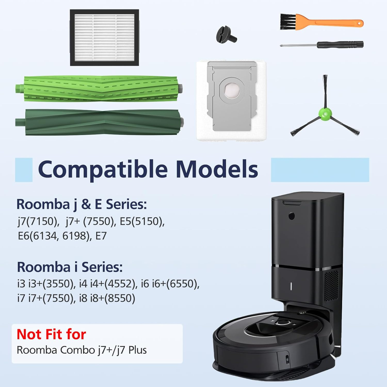 Replacement Parts for Irobot Roomba J7(7150) J7+ (7550) I3 I3+ I4 I6 I6+(6550) I7(7150) I7+(7550) I8 I8+ Robot Vacuum, 2 Sets Roller Brushes,8 HEPA Filters,8 Side Brushes,6 Dust Bags,4 Screws image number 5
