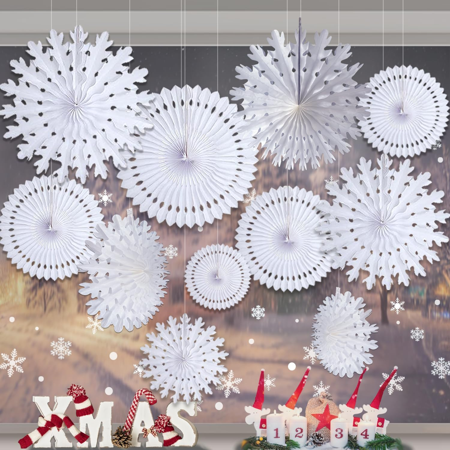 11 Pieces Christmas White Decoration, Paper Snowflakes Hanging Decoration, Suitable for Winter Indoor Window Decoration, Winter Wonderland Decorations - Christmas Decorations Indoor image number 6