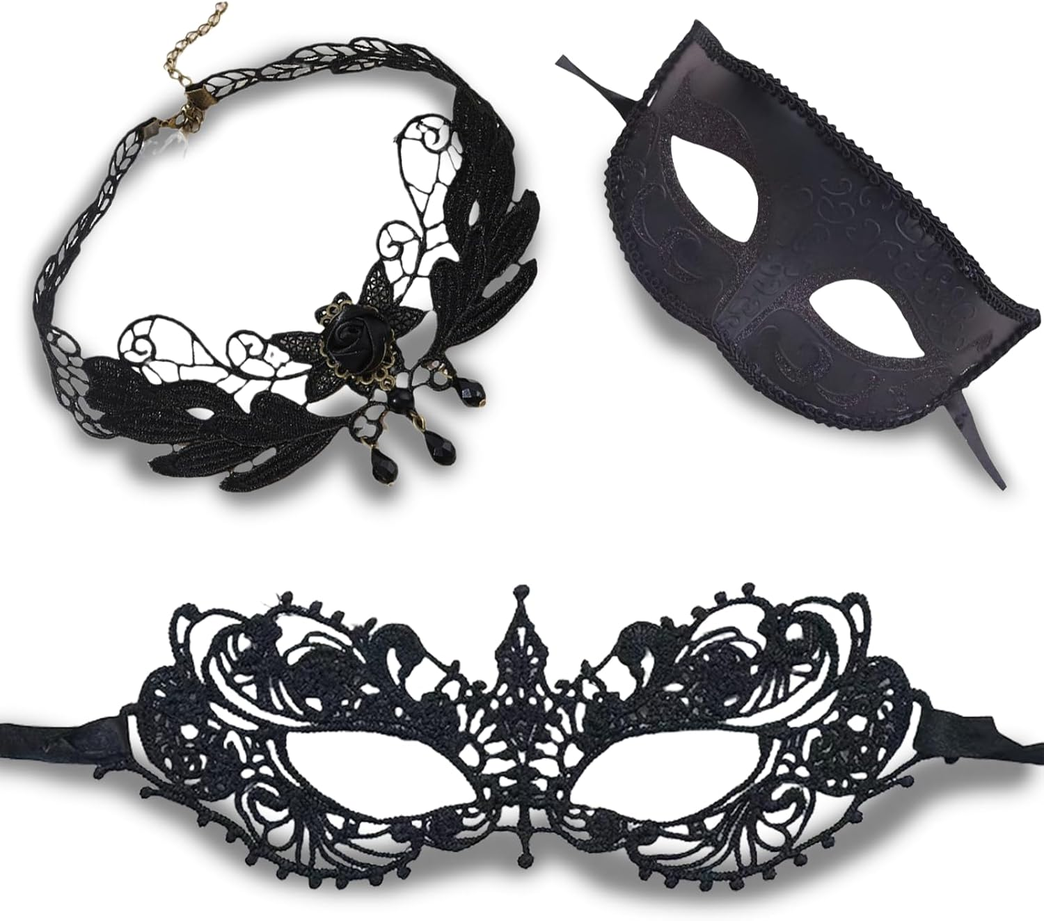 Women'S Masquerade Black Mask - Girl'S Sexy Lace Venetian Style Eye Masks for Cosplay, Halloween Party, Mardi Gras, Costume Ball (2 Masks + Choker) image number 5