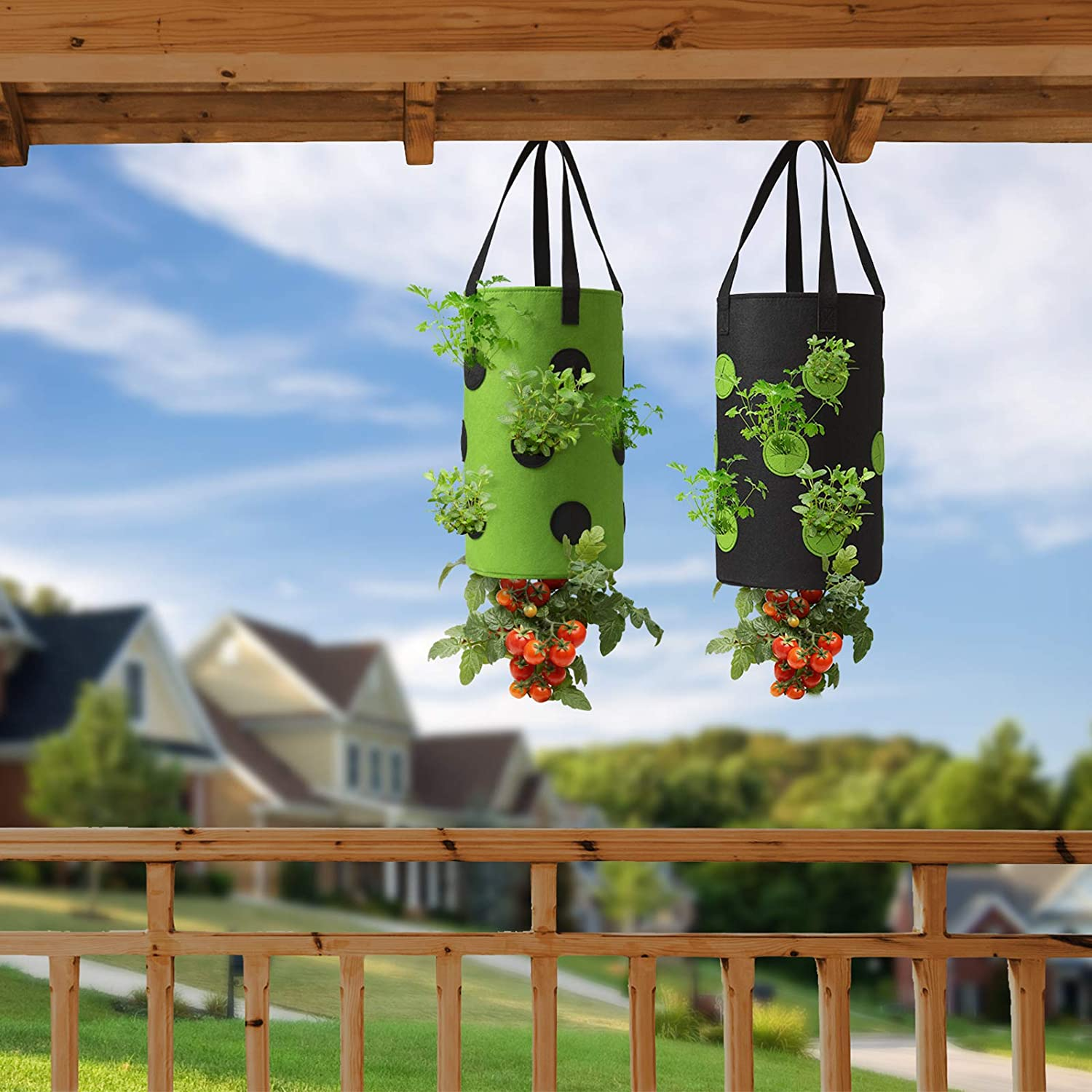2 Pack Black and Green Upside down Tomato & Herb Planter, Hanging Durable Aeration Fabric Strawberry Planter Bags image number 1