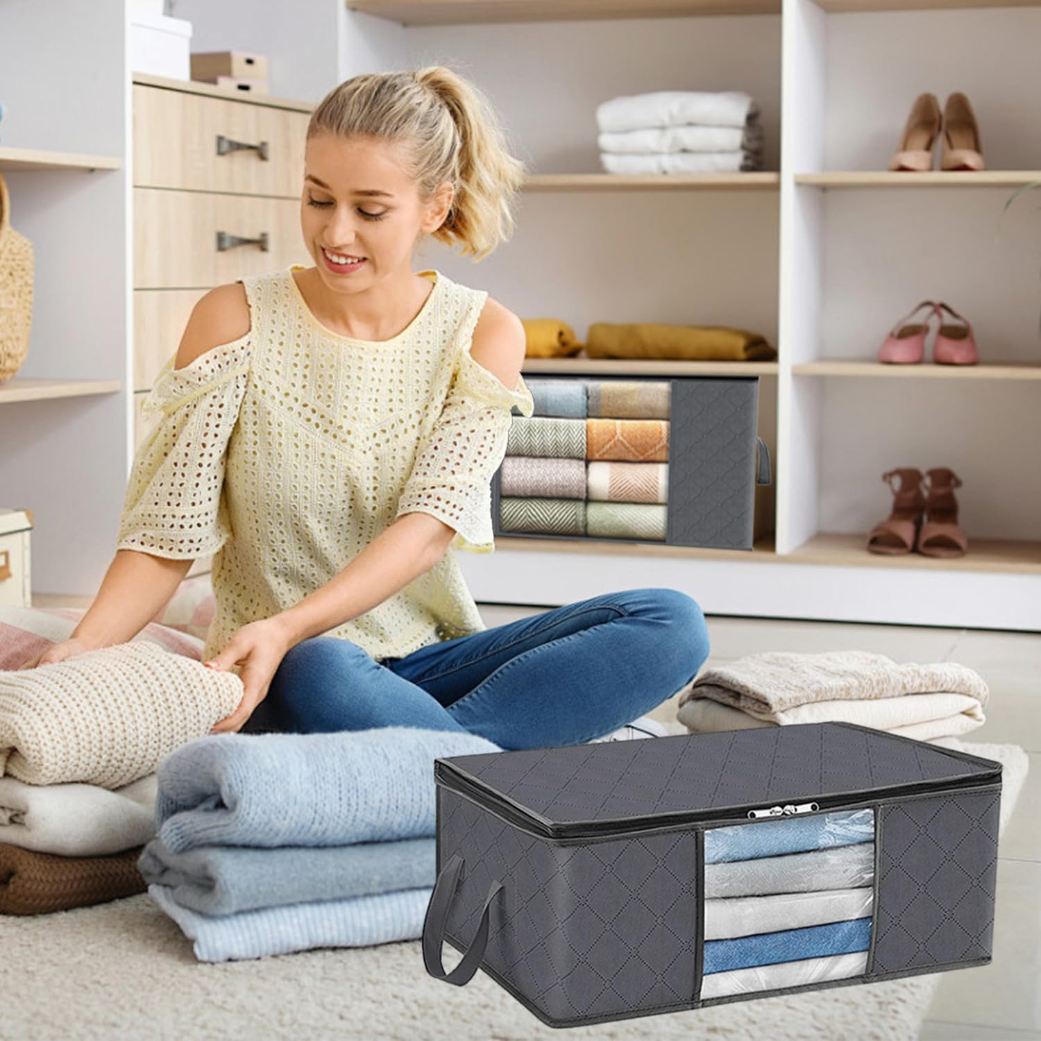 LAMCAN 6 Pack Linen Storage, 35L Storage Bags, Foldable with Reinforced Handle. Wardrobe Clothes Organiser, with Transparent Window, for Organizing Bedrooms, Closets, Clothing, Quilts, Organization image number 4