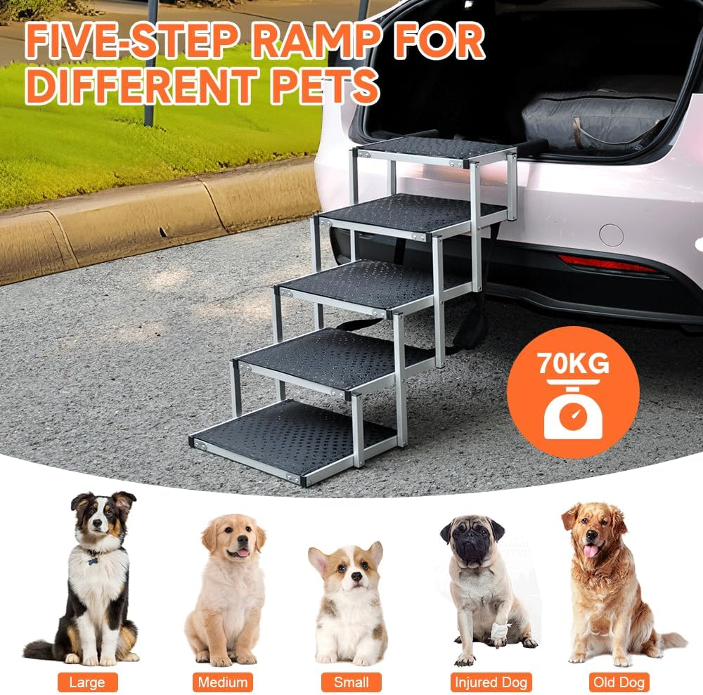 Melpet Folding Dog Stair Lightweight Aluminium Dog Ramp Adjustable Height 5 Steps Pet Ladder Loads up to 70Kg with Non-Slip Surface for Cars Trunk SUV Trucks image number 2
