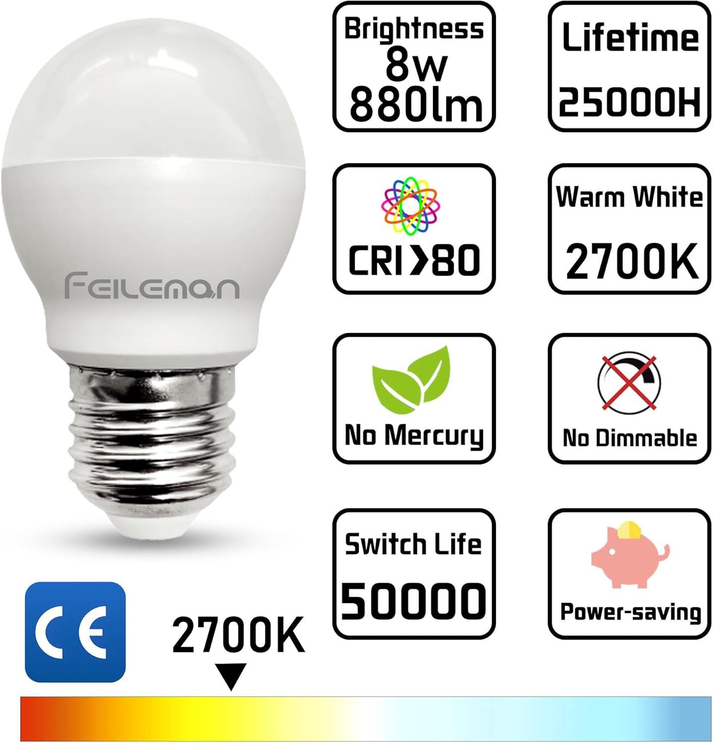 E27 LED Light Bulbs P45/G45 Super Bright 8W Replaces (70W Incandescent Bulb) 880LM 2700K Warm White 360 Degree Light Angle 240V Light Bulb Spherical Energy Saving Lamp 6Pack image number 6