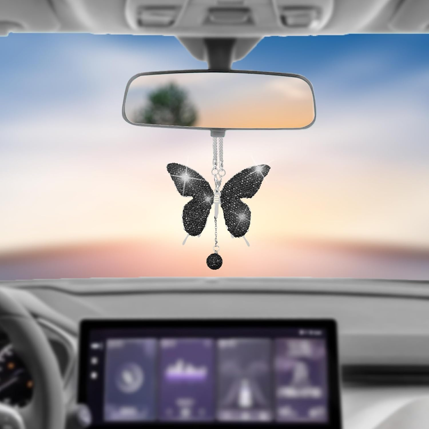 NOTISH Bling Butterfly Diamond Car Accessories, Crystal Car Rear View Mirror Charms, Charms Good Luck Gifts Amulet Ornament Hanging Interio Car Decoration for Women Interior(White)