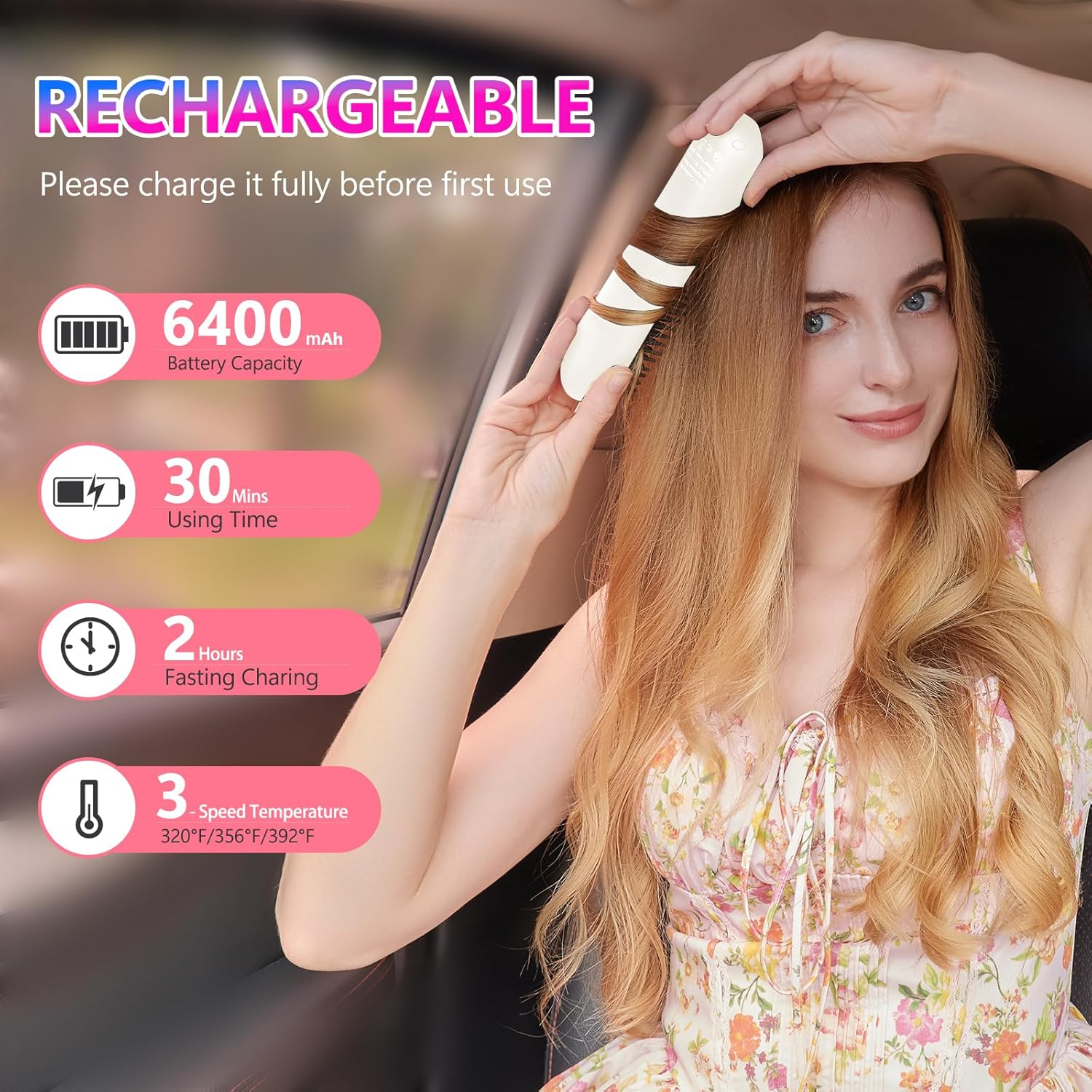 STUDLLY LCD Screen Cordless Hair Straightener Curler 2 in 1, Portable Mini Hair Straightening Brush for Travel Negative Ionic Fast Heating Hot Comb for Women, Folding Brush with Mirror, White